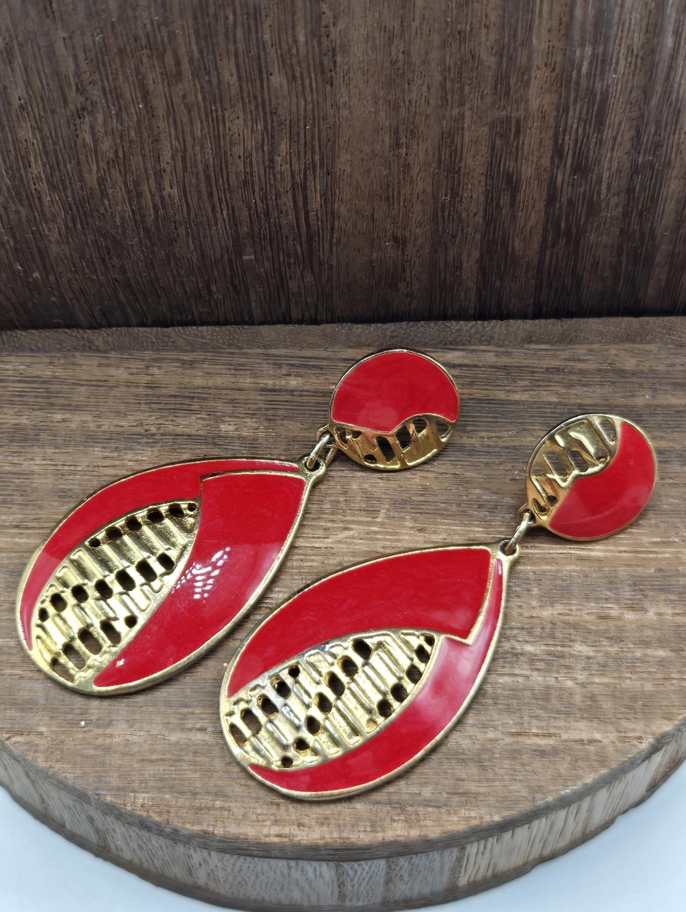 90's Edgar Berebi Red Enamel Earrings Pierced Gold Tone Berebi Dangle Drop VTG
